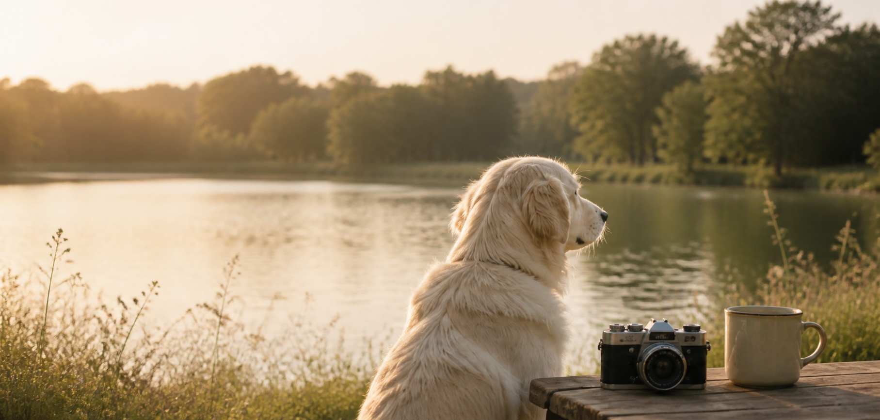 湖畔夕阳下，一只金毛犬与相机和杯子